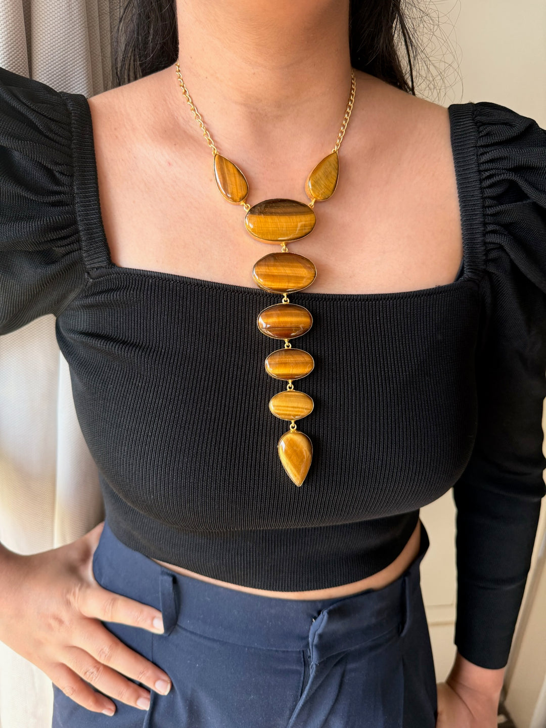 Handmade Brass Tie Necklace with Natural Tiger Eye Gemstones | Adjustable Modern Hook Closure Necklace by SHIVKA