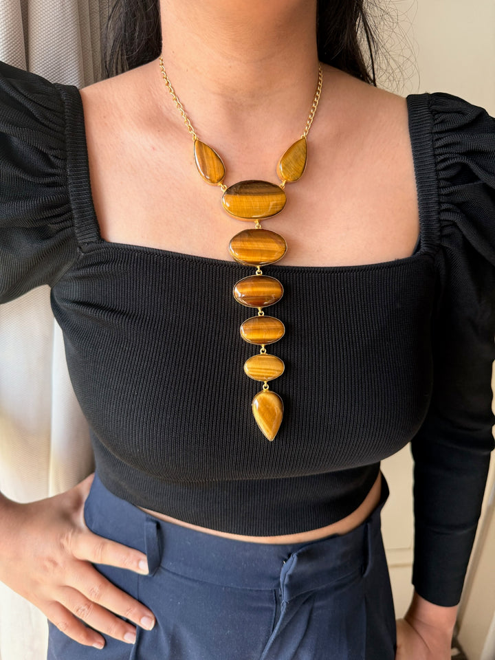 Handmade Brass Tie Necklace with Natural Tiger Eye Gemstones | Adjustable Modern Hook Closure Necklace by SHIVKA