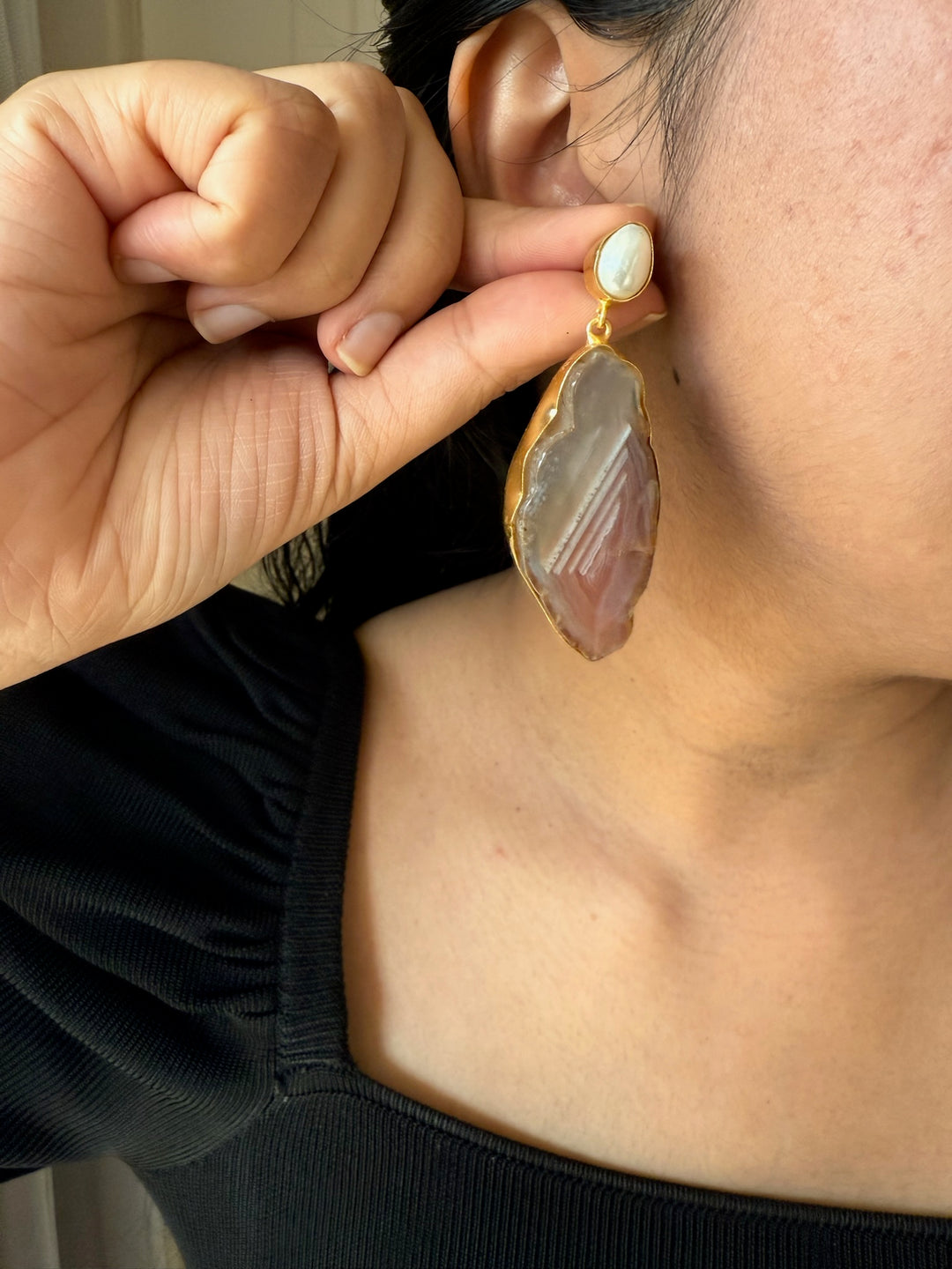 Handmade Brass Earrings with Natural Pearls & Gemstones | Modern Gold Polish Statement Danglers by SHIVKA