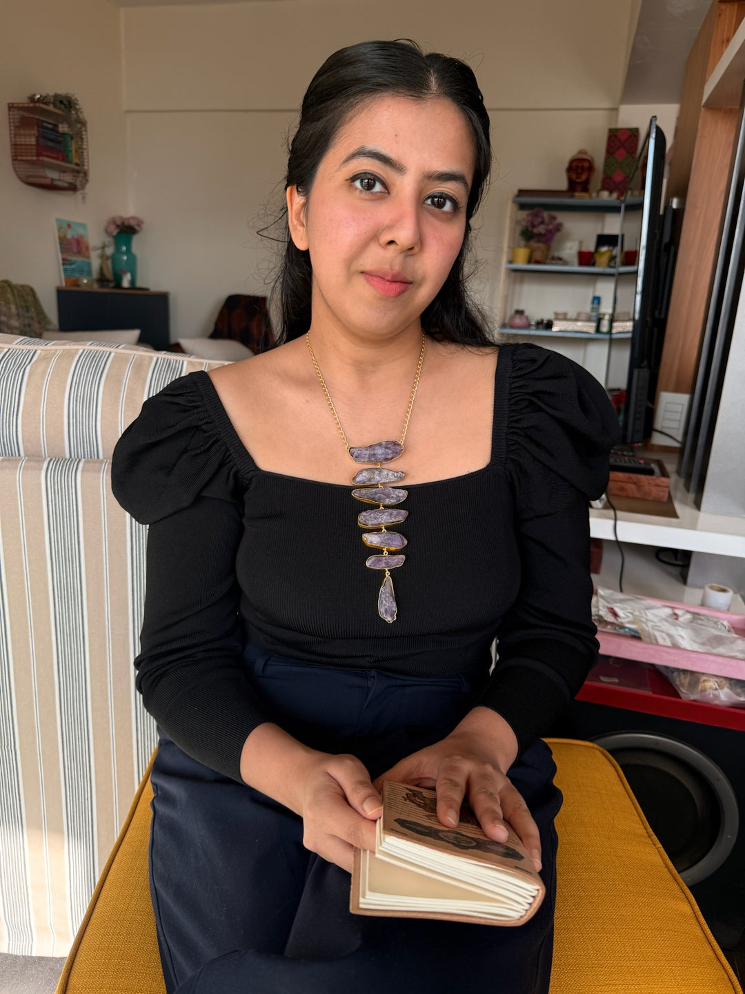 Handmade Brass Tie Necklace with Natural Raw Amethyst Gemstones | Adjustable Modern Hook Closure Necklace by SHIVKA