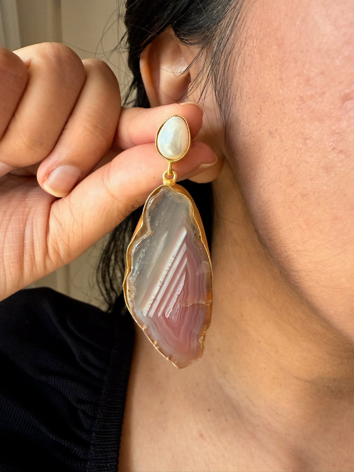 Handmade Brass Earrings with Natural Pearls & Gemstones | Modern Gold Polish Statement Danglers by SHIVKA