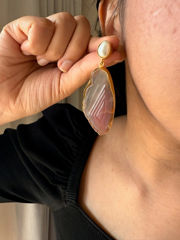 Handmade Brass Earrings with Natural Pearls & Gemstones | Modern Gold Polish Statement Danglers by SHIVKA