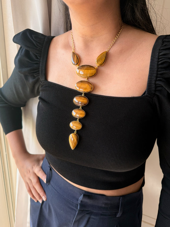 Handmade Brass Tie Necklace with Natural Tiger Eye Gemstones | Adjustable Modern Hook Closure Necklace by SHIVKA