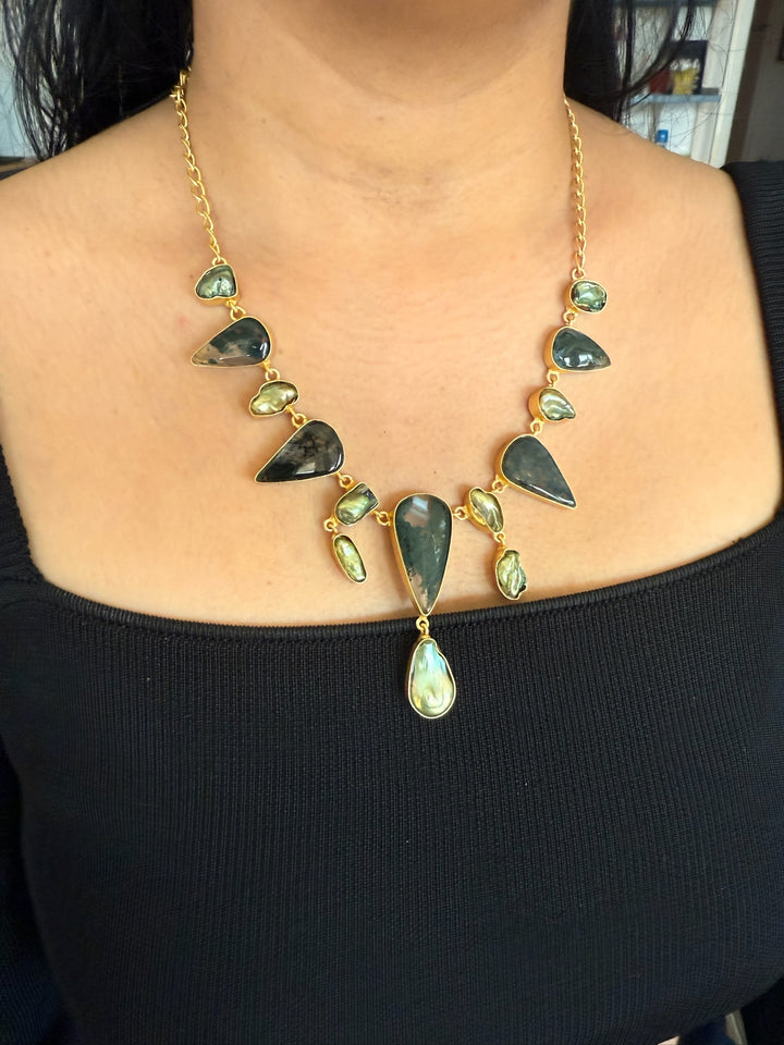 Handmade Brass Necklace with Natural Gemstones