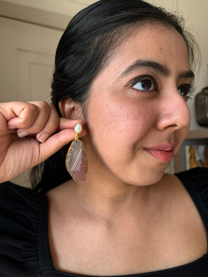 Handmade Brass Earrings with Natural Pearls & Gemstones | Modern Gold Polish Statement Danglers by SHIVKA