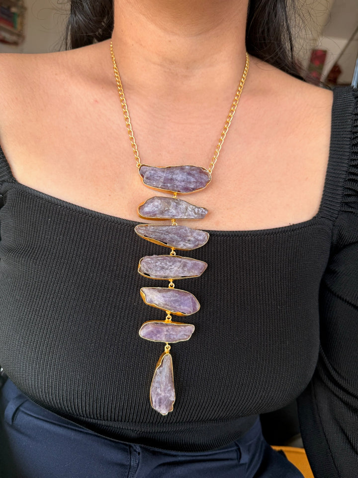 Handmade Brass Tie Necklace with Natural Raw Amethyst Gemstones | Adjustable Modern Hook Closure Necklace by SHIVKA