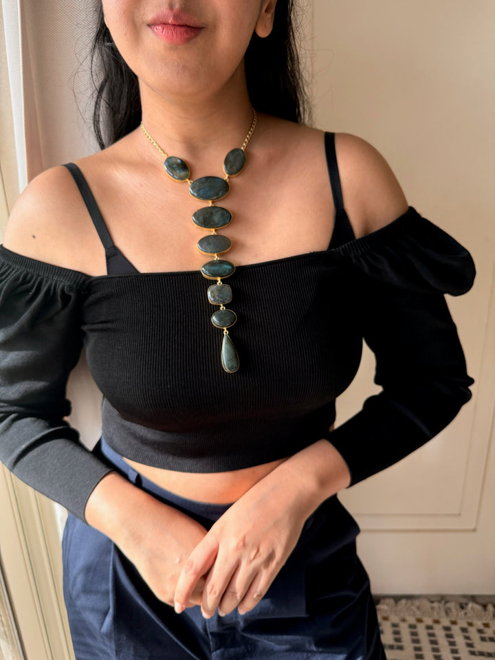 Handmade Brass Tie Necklace with Natural Labradorite Gemstones | Adjustable Modern Hook Closure Necklace by SHIVKA