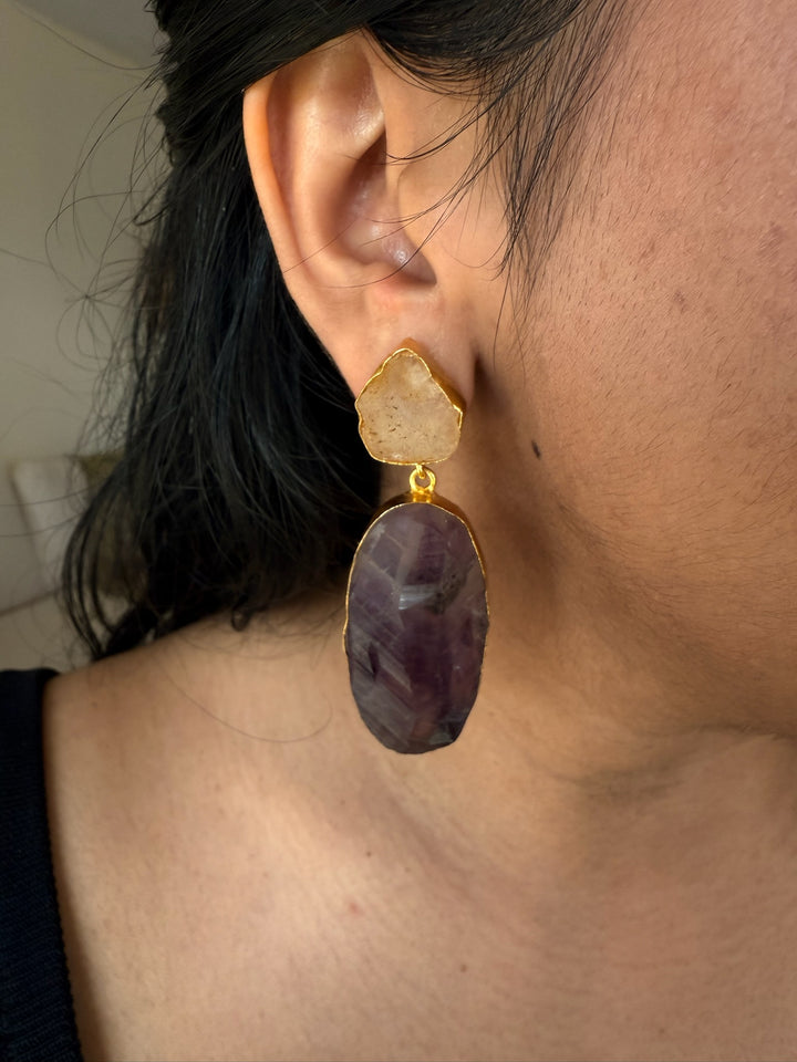 Handmade Brass Earrings with Natural Quartz and Amethyst Gemstones | Modern Gold Polish Statement Danglers by SHIVKA