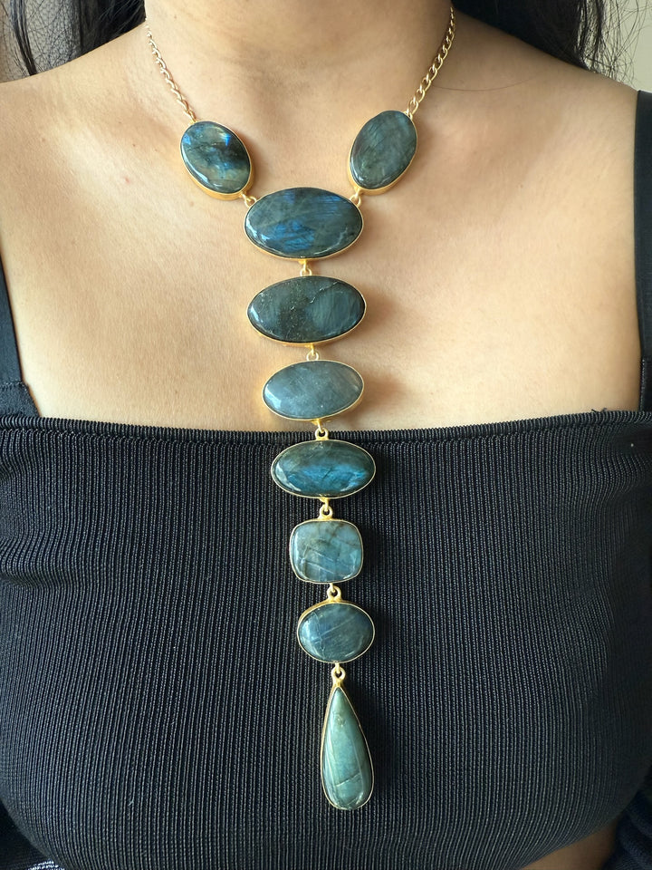 Handmade Brass Tie Necklace with Natural Labradorite Gemstones | Adjustable Modern Hook Closure Necklace by SHIVKA