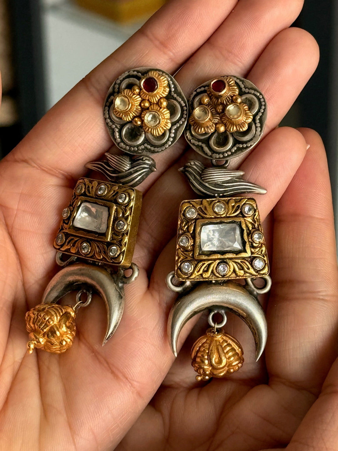 Fusion Kundan Silver Earrings | SHIVKA