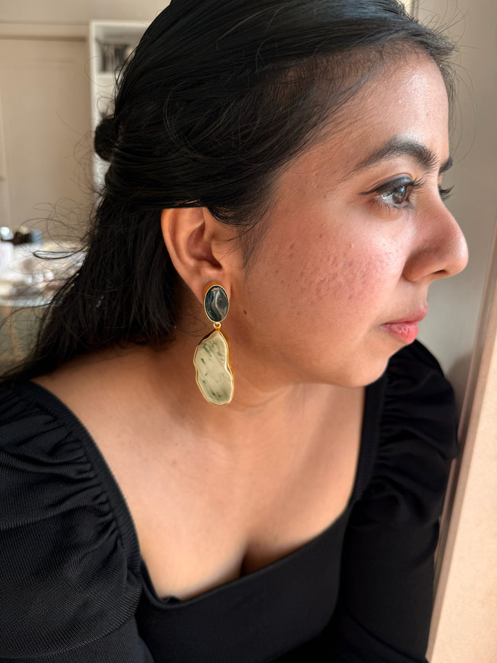 Handmade Brass Earrings with Natural Gemstones | Modern Gold Polish Statement Danglers by SHIVKA