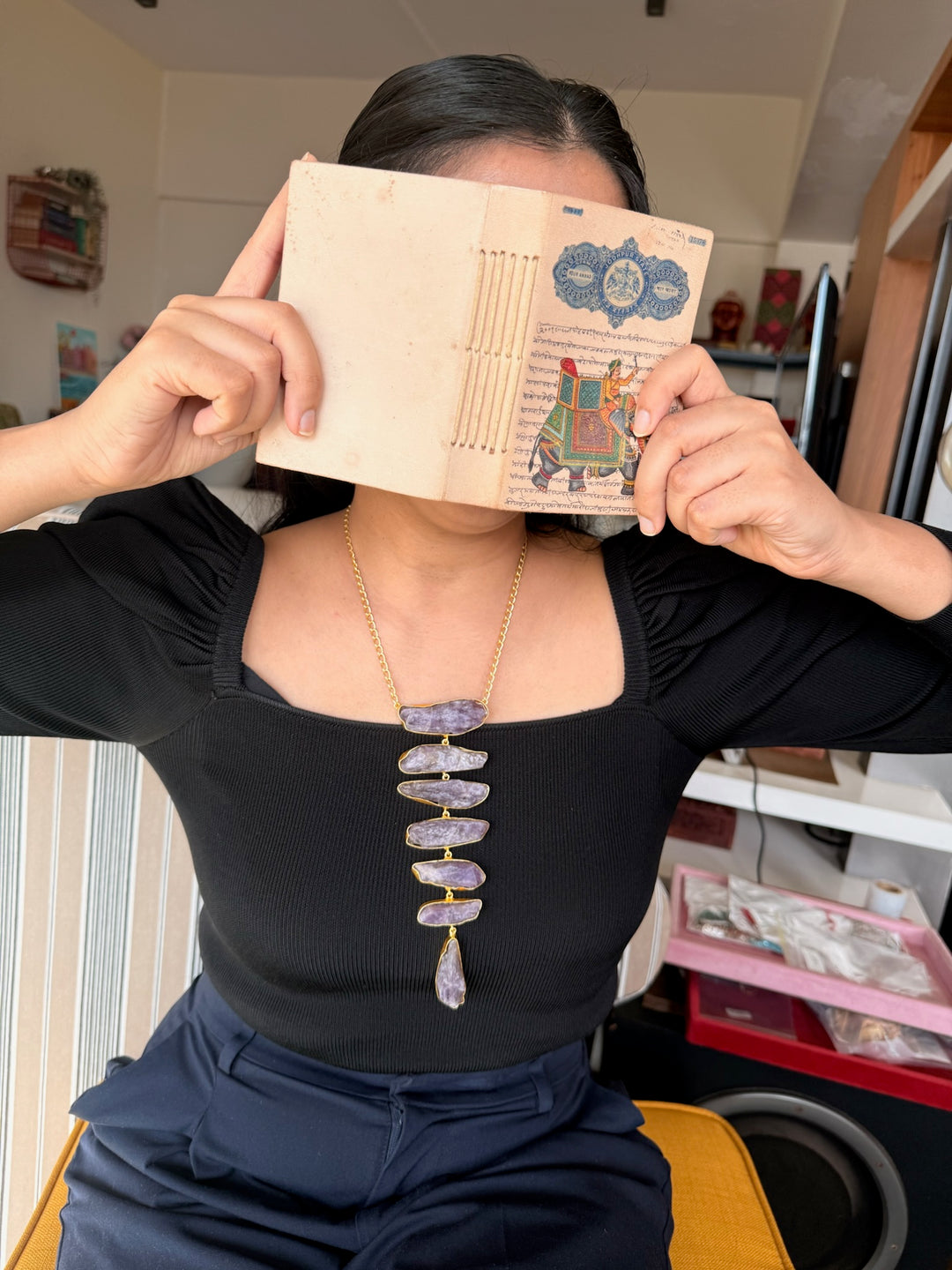 Handmade Brass Tie Necklace with Natural Raw Amethyst Gemstones | Adjustable Modern Hook Closure Necklace by SHIVKA