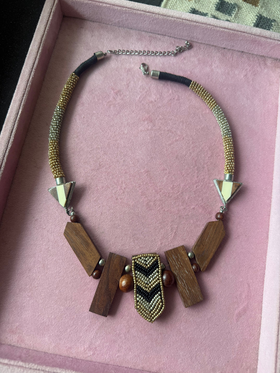 Wooden Bead Geometric Pendant Necklace