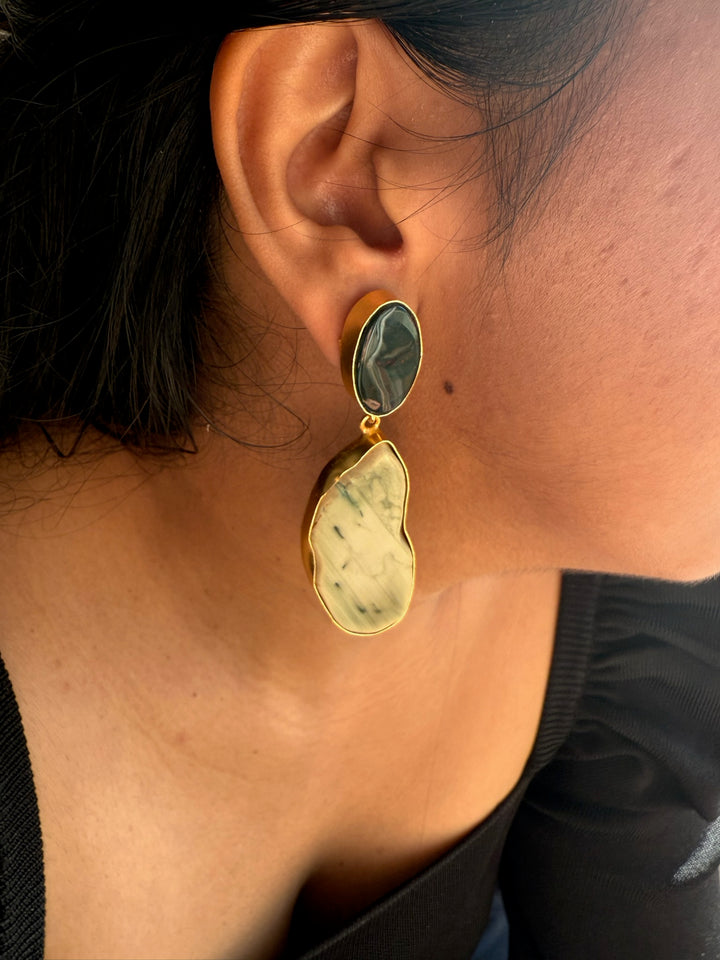 Handmade Brass Earrings with Natural Gemstones | Modern Gold Polish Statement Danglers by SHIVKA