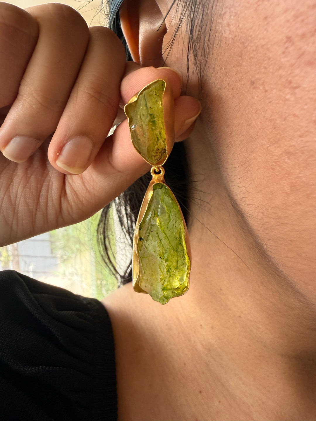 Handmade Brass Earrings with Natural Gemstones | Modern Gold Polish Statement Danglers by SHIVKA