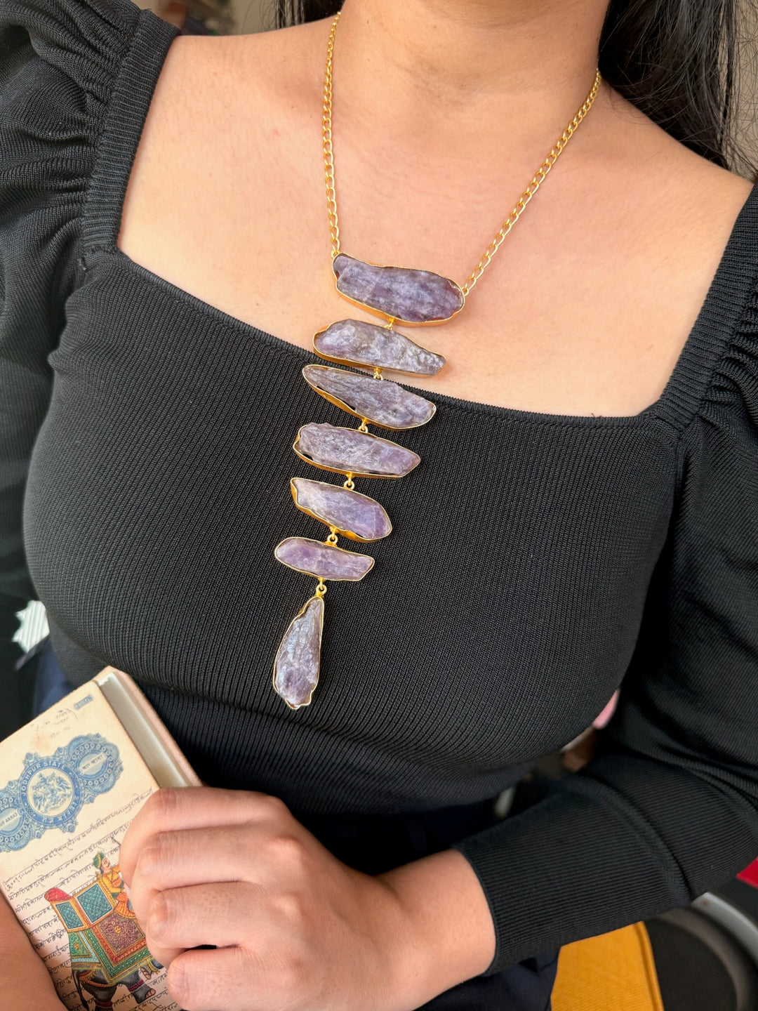 Handmade Brass Tie Necklace with Natural Raw Amethyst Gemstones | Adjustable Modern Hook Closure Necklace by SHIVKA