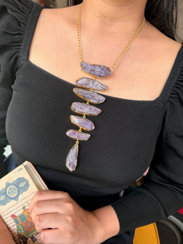 Handmade Brass Tie Necklace with Natural Raw Amethyst Gemstones | Adjustable Modern Hook Closure Necklace by SHIVKA