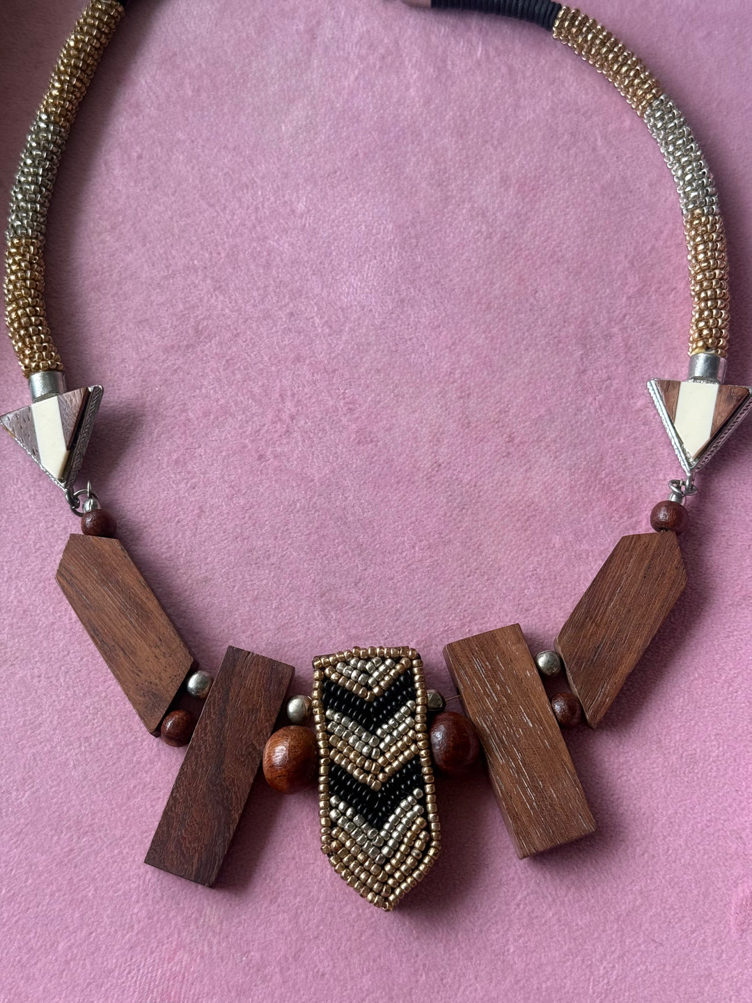Wooden Bead Geometric Pendant Necklace