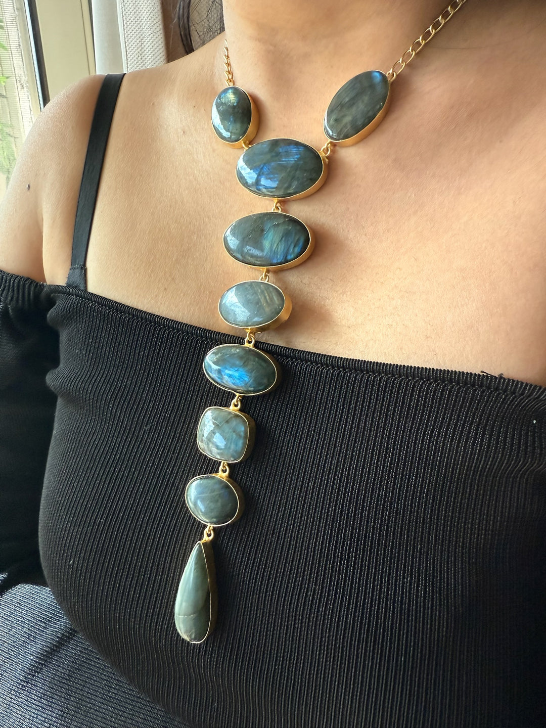 Handmade Brass Tie Necklace with Natural Labradorite Gemstones | Adjustable Modern Hook Closure Necklace by SHIVKA