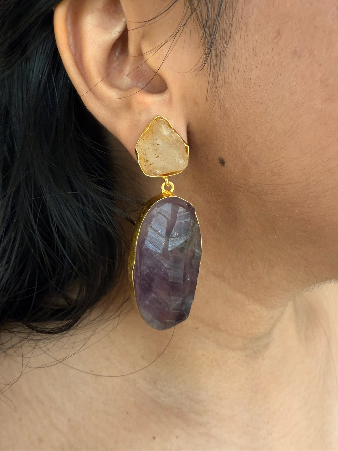 Handmade Brass Earrings with Natural Quartz and Amethyst Gemstones | Modern Gold Polish Statement Danglers by SHIVKA