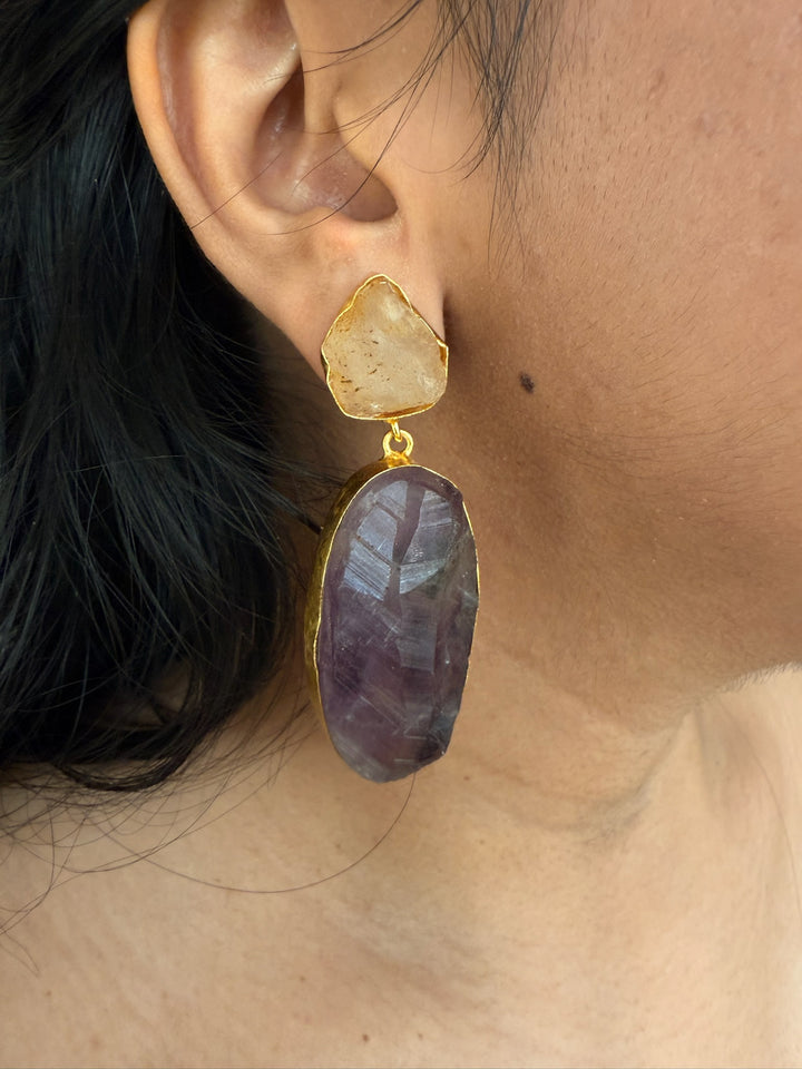 Handmade Brass Earrings with Natural Quartz and Amethyst Gemstones | Modern Gold Polish Statement Danglers by SHIVKA