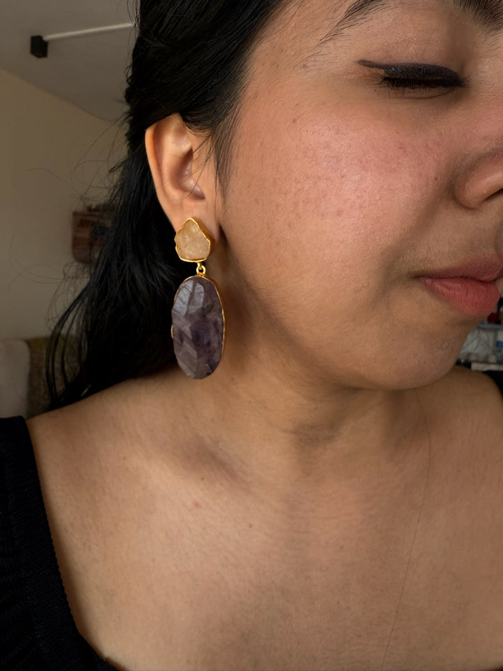 Handmade Brass Earrings with Natural Quartz and Amethyst Gemstones | Modern Gold Polish Statement Danglers by SHIVKA