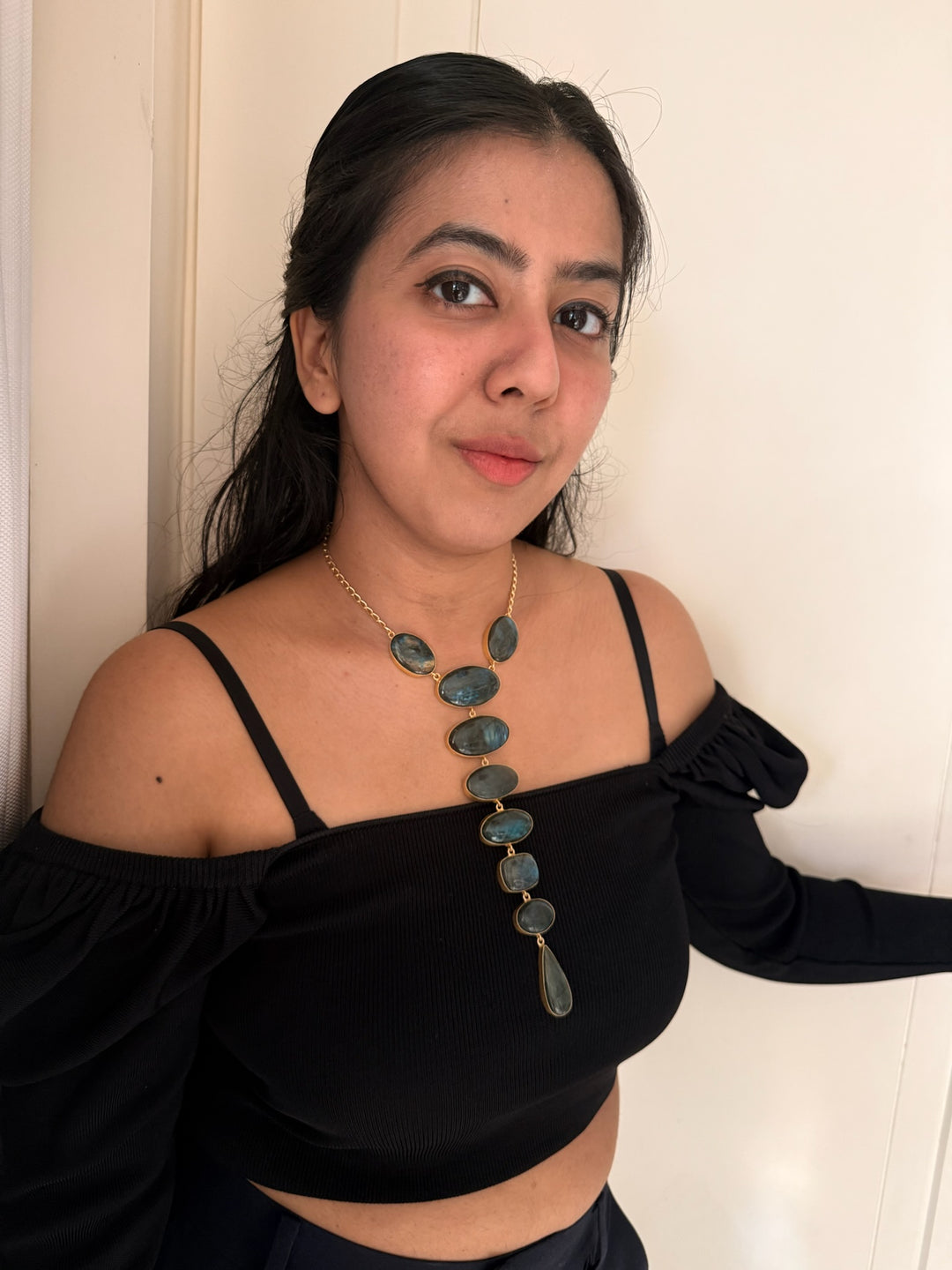 Handmade Brass Tie Necklace with Natural Labradorite Gemstones | Adjustable Modern Hook Closure Necklace by SHIVKA