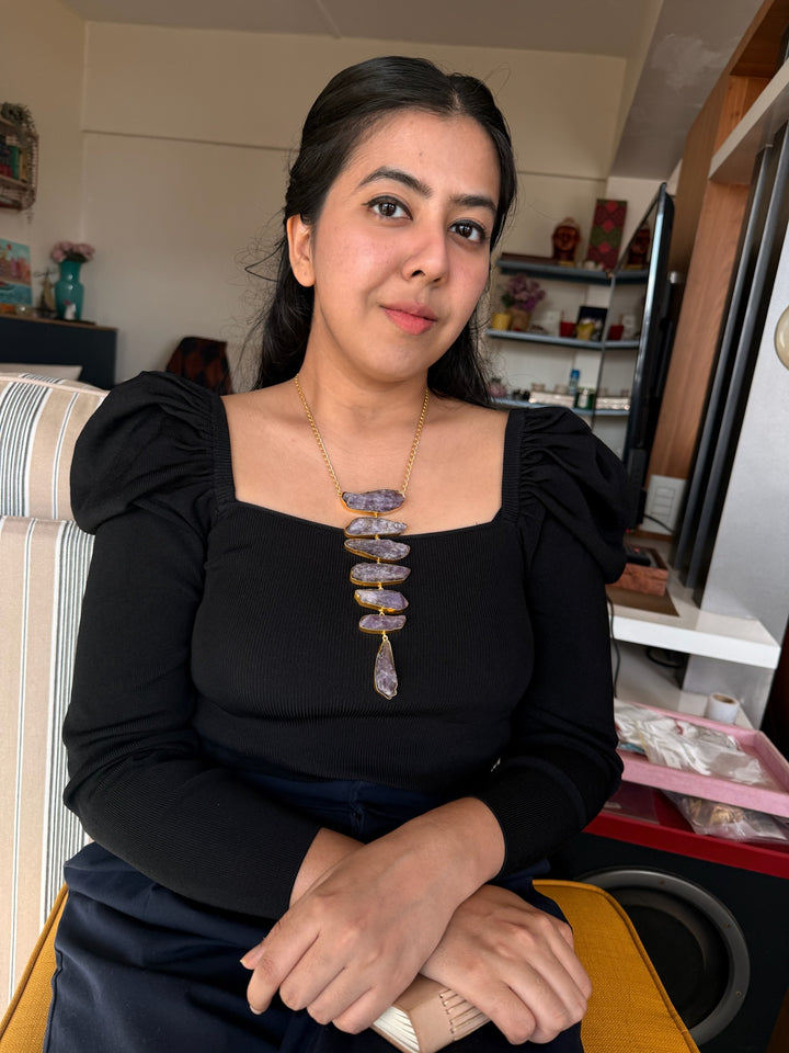 Handmade Brass Tie Necklace with Natural Raw Amethyst Gemstones | Adjustable Modern Hook Closure Necklace by SHIVKA