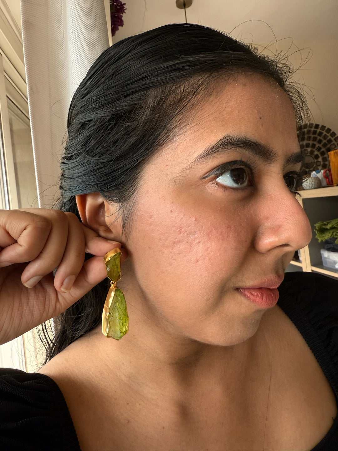 Handmade Brass Earrings with Natural Gemstones | Modern Gold Polish Statement Danglers by SHIVKA