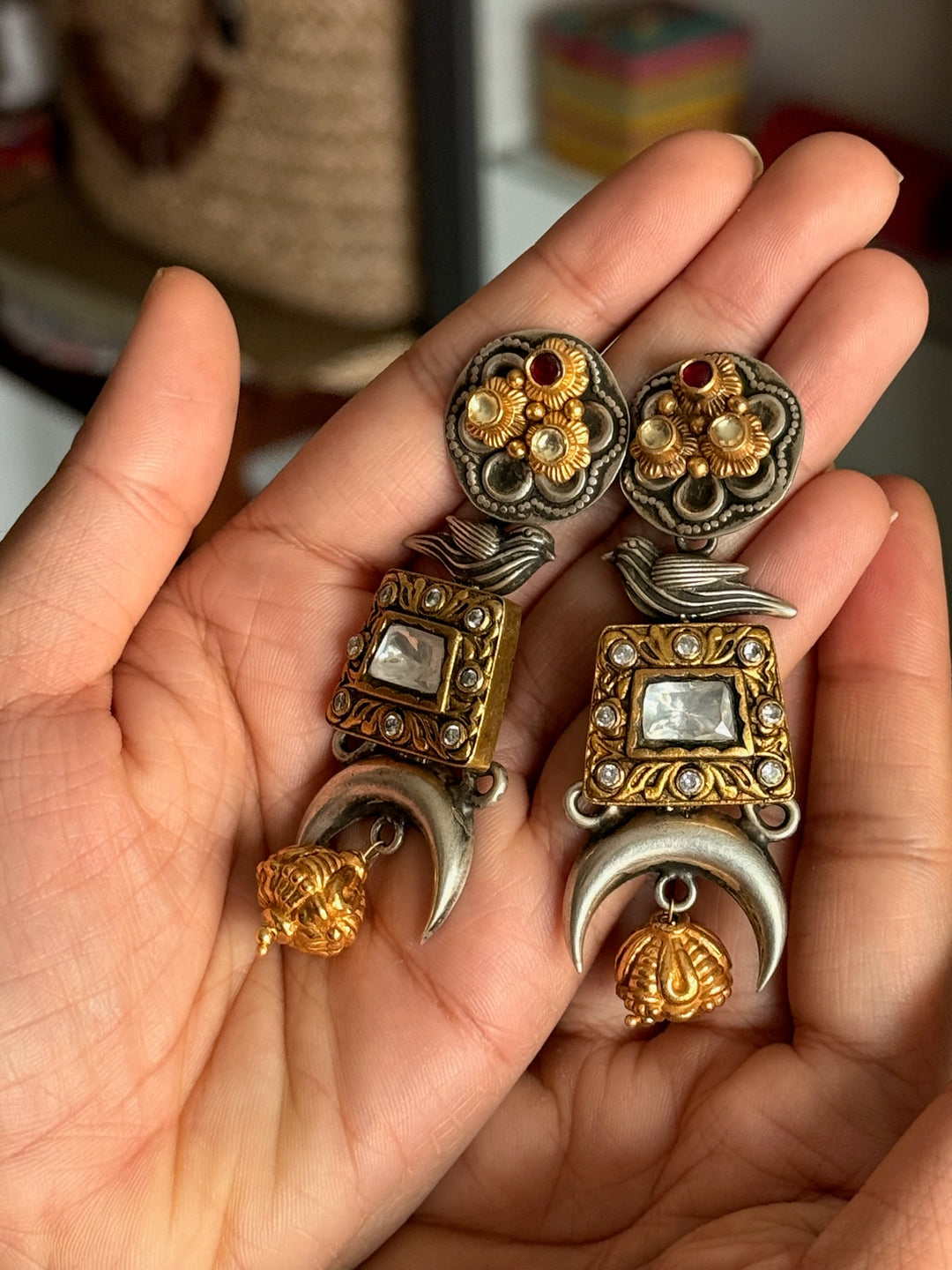 Fusion Kundan Silver Earrings | SHIVKA