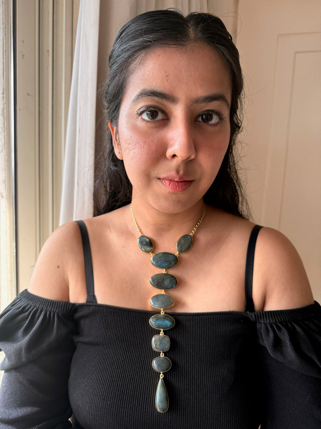 Handmade Brass Tie Necklace with Natural Labradorite Gemstones | Adjustable Modern Hook Closure Necklace by SHIVKA