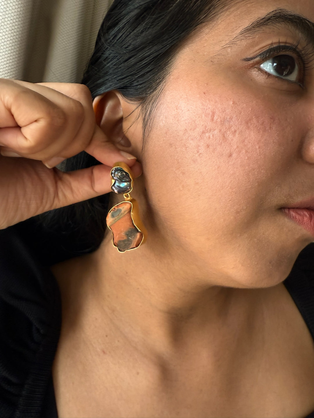 Handmade Earrings with Natural Gemstones | Modern Gold Polish Statement Danglers by SHIVKA