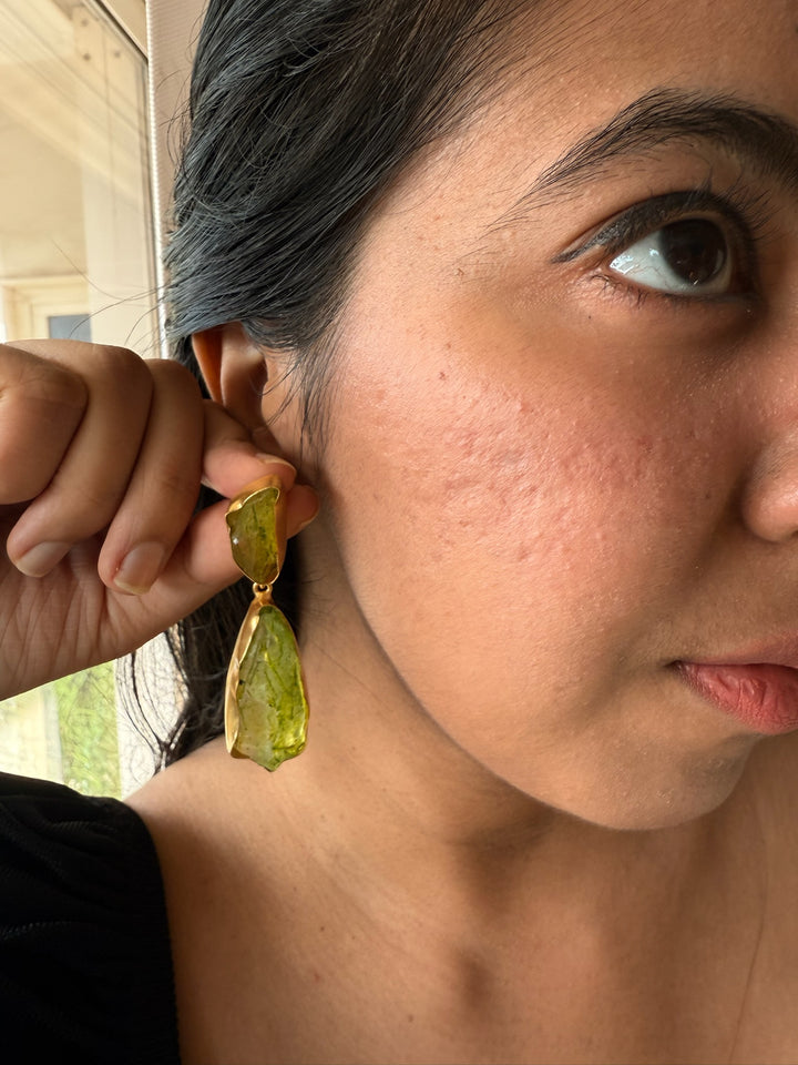 Handmade Brass Earrings with Natural Gemstones | Modern Gold Polish Statement Danglers by SHIVKA