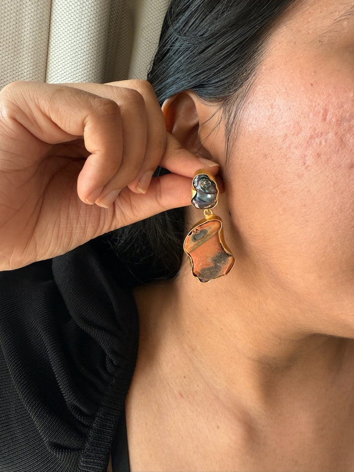 Handmade Earrings with Natural Gemstones | Modern Gold Polish Statement Danglers by SHIVKA