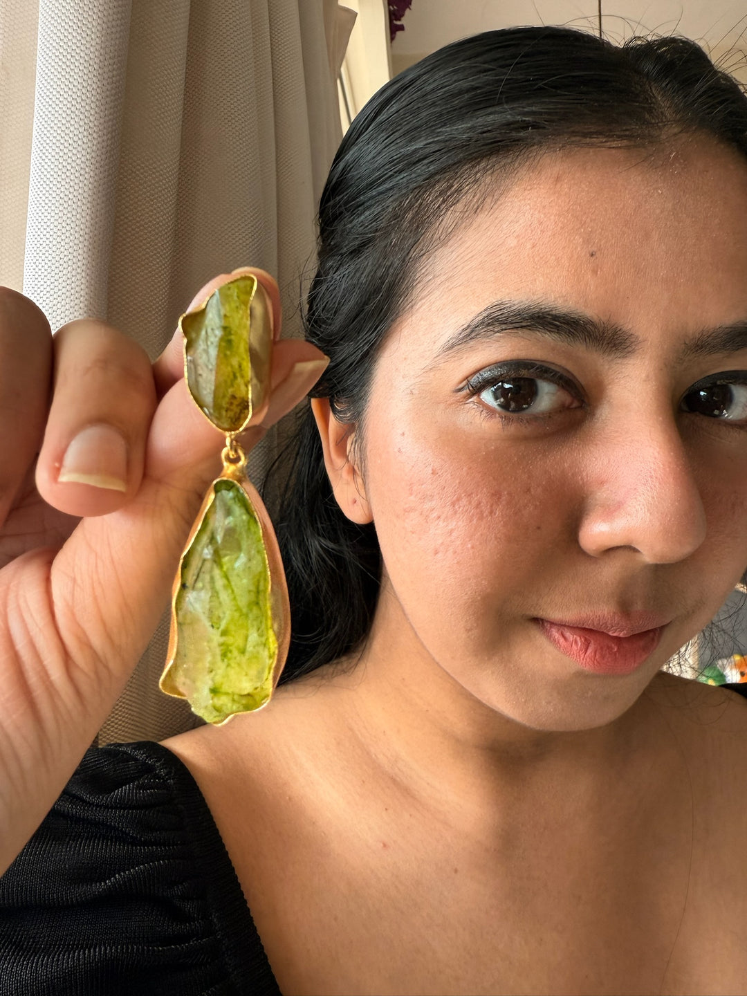 Handmade Brass Earrings with Natural Gemstones | Modern Gold Polish Statement Danglers by SHIVKA