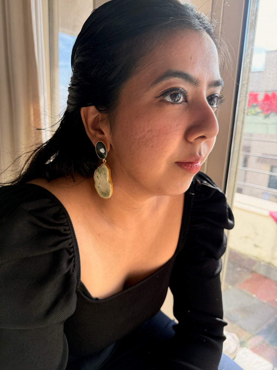 Handmade Brass Earrings with Natural Gemstones | Modern Gold Polish Statement Danglers by SHIVKA