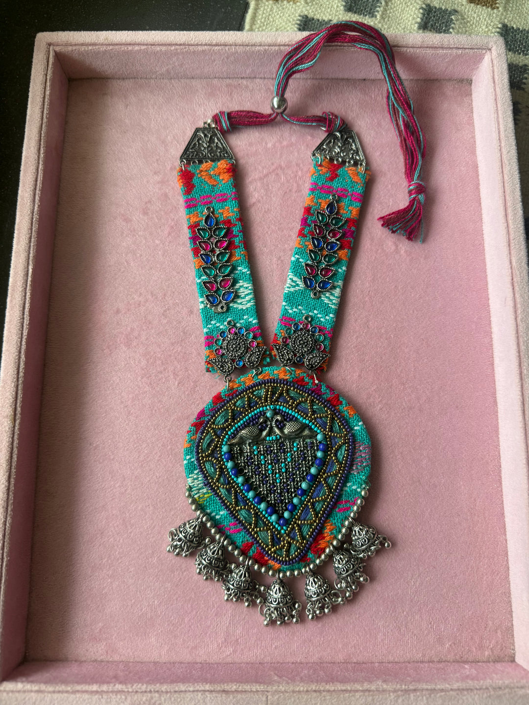 Textile-Mounted Afghani Statement Necklace