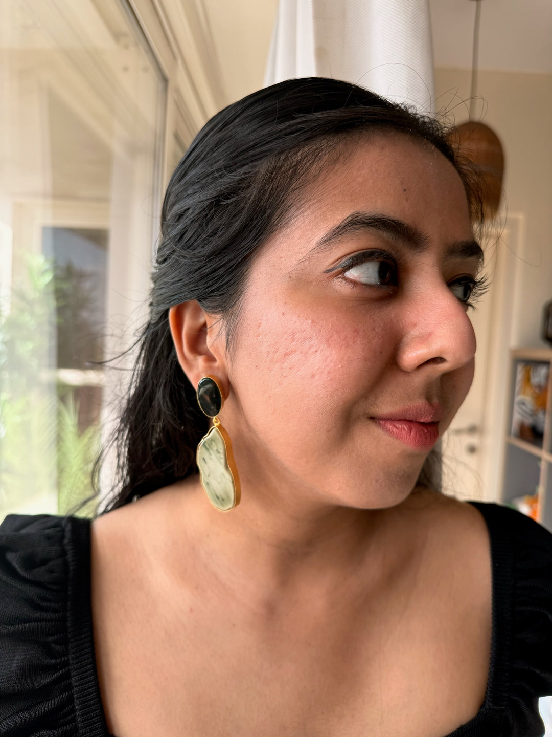 Handmade Brass Earrings with Natural Gemstones | Modern Gold Polish Statement Danglers by SHIVKA