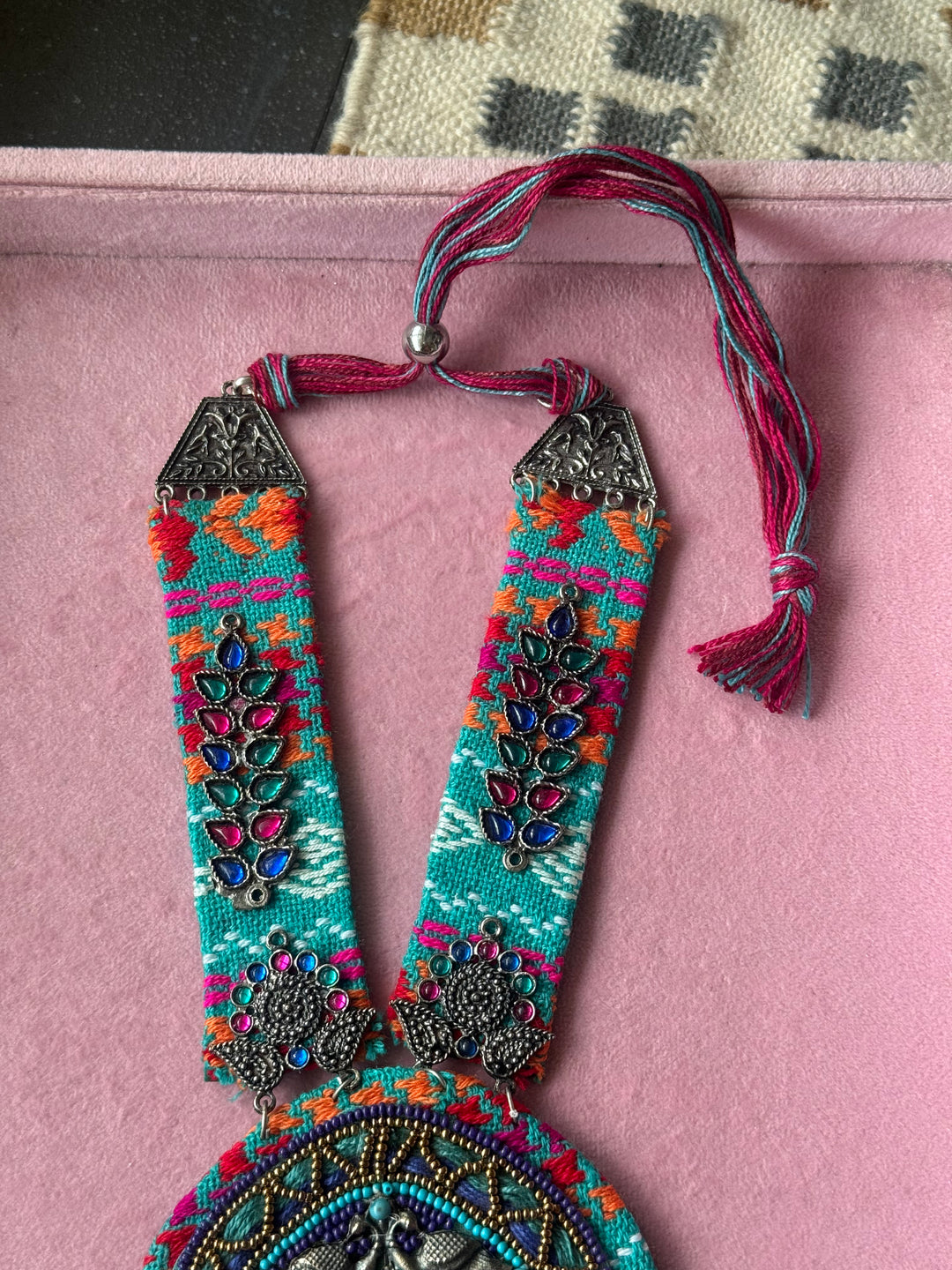 Textile-Mounted Afghani Statement Necklace