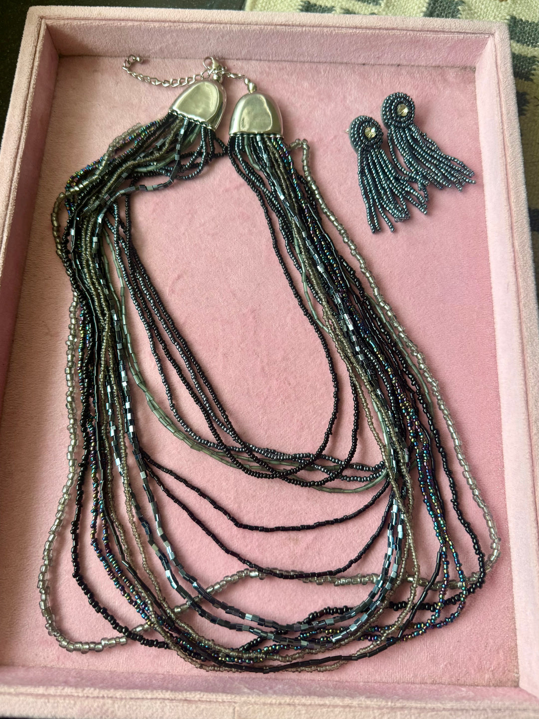 Starry Silver Blue Beaded Necklace and Tassel Earrings