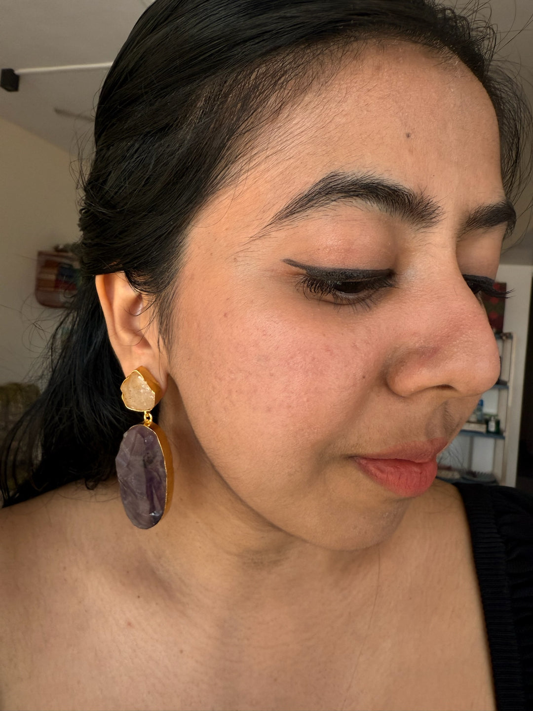 Handmade Brass Earrings with Natural Quartz and Amethyst Gemstones | Modern Gold Polish Statement Danglers by SHIVKA