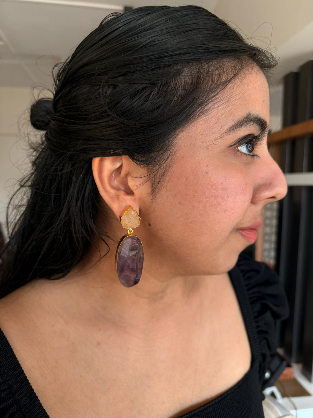 Handmade Brass Earrings with Natural Quartz and Amethyst Gemstones | Modern Gold Polish Statement Danglers by SHIVKA