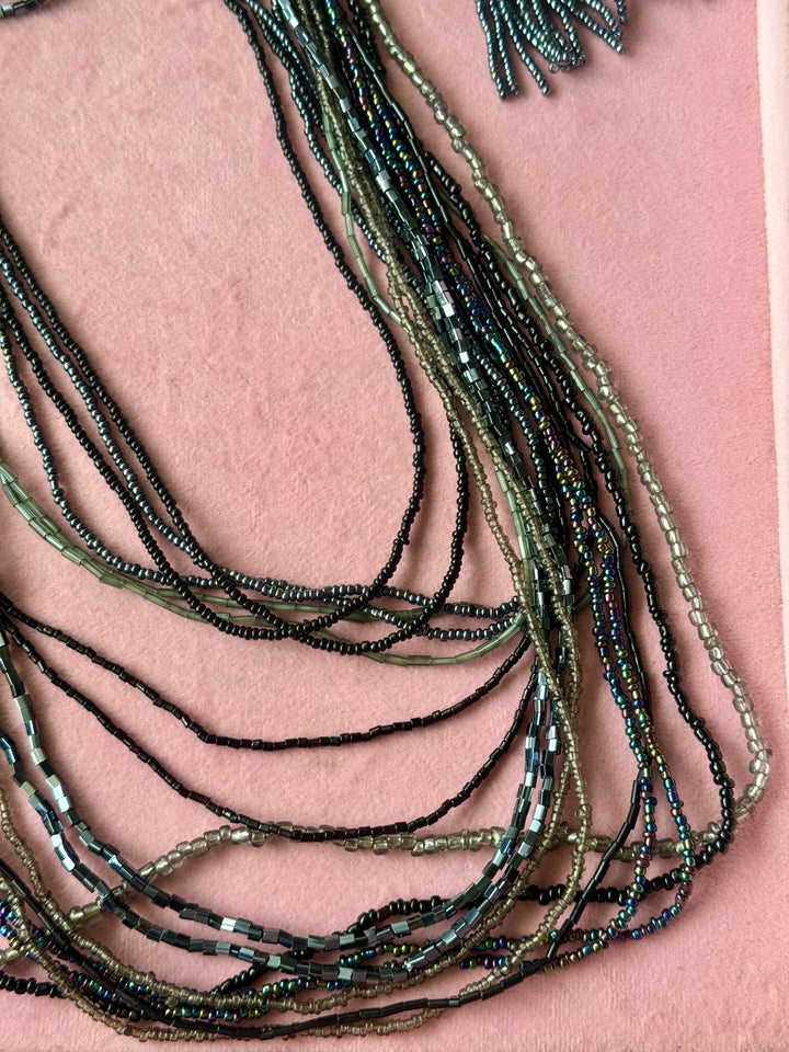 Starry Silver Blue Beaded Necklace and Tassel Earrings