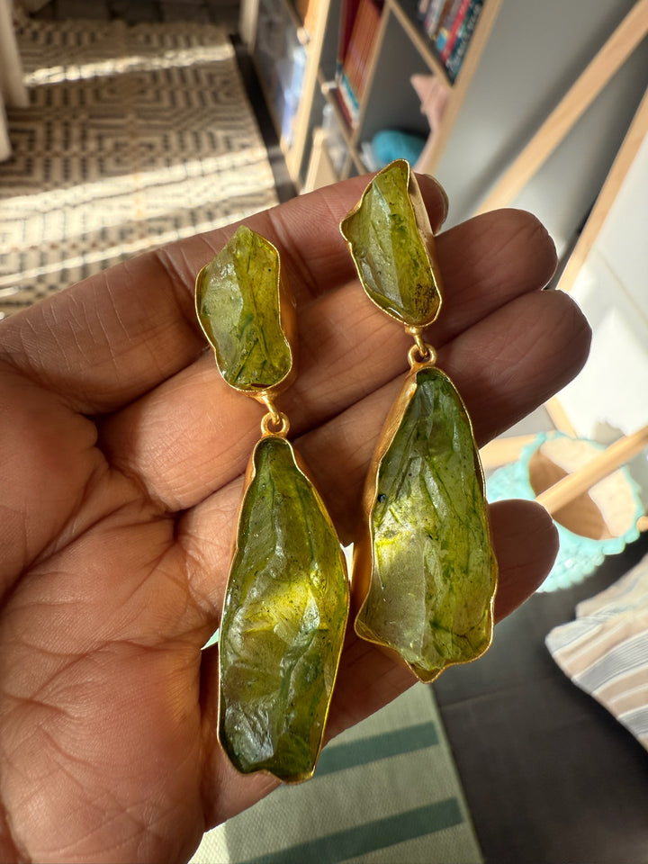 Handmade Brass Earrings with Natural Gemstones | Modern Gold Polish Statement Danglers by SHIVKA