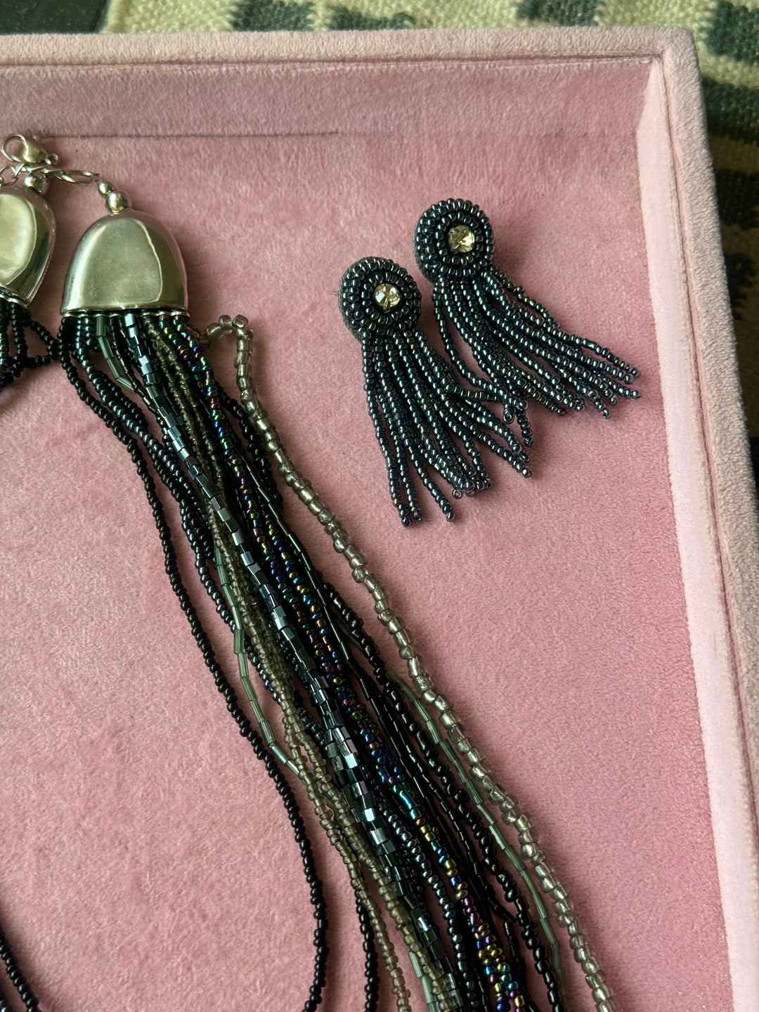 Starry Silver Blue Beaded Necklace and Tassel Earrings