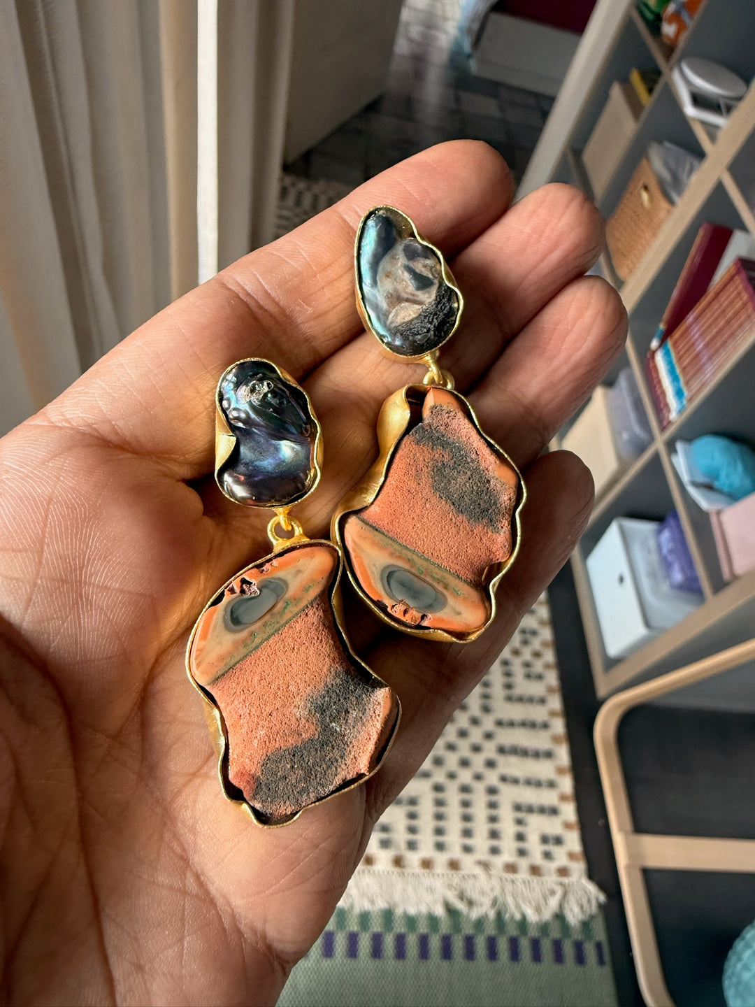 Handmade Earrings with Natural Gemstones | Modern Gold Polish Statement Danglers by SHIVKA