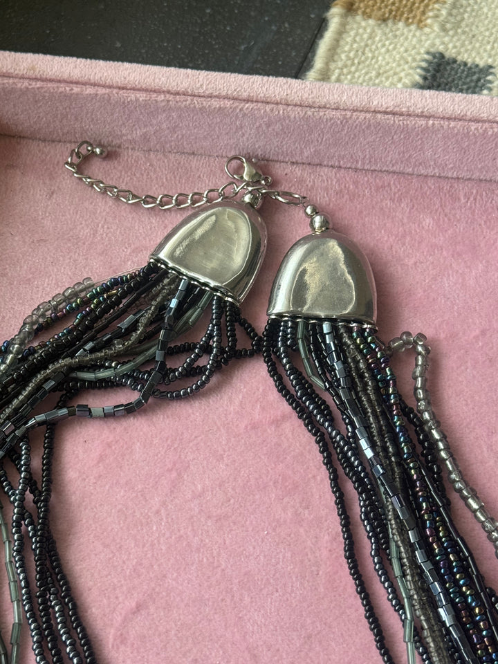 Starry Silver Blue Beaded Necklace and Tassel Earrings