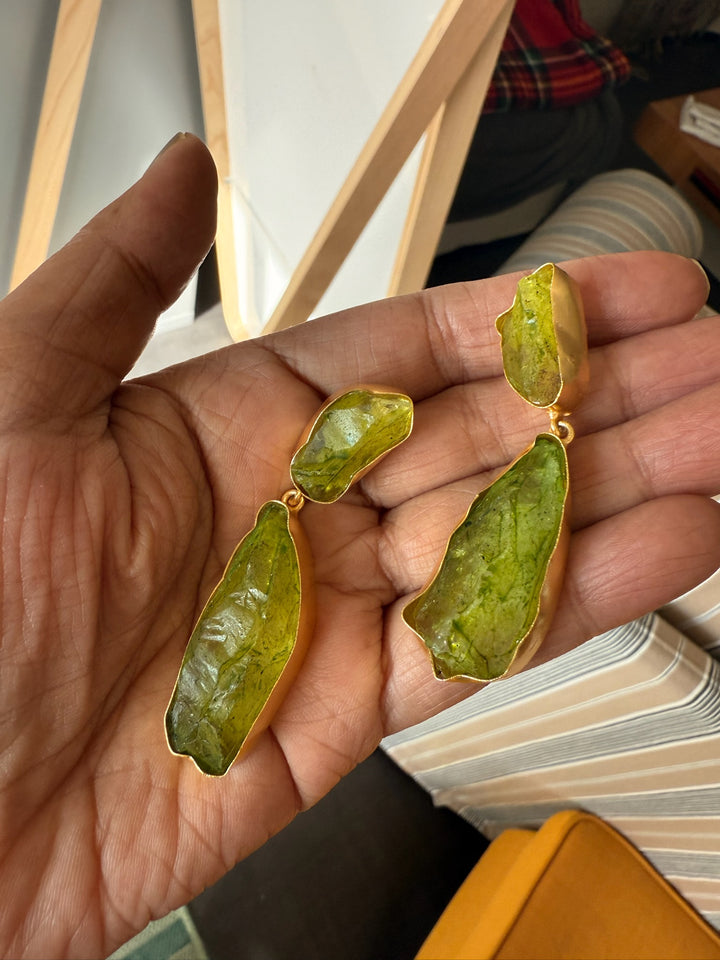 Handmade Brass Earrings with Natural Gemstones | Modern Gold Polish Statement Danglers by SHIVKA