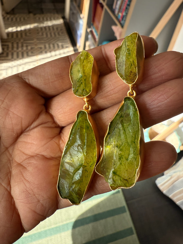 Handmade Brass Earrings with Natural Gemstones | Modern Gold Polish Statement Danglers by SHIVKA
