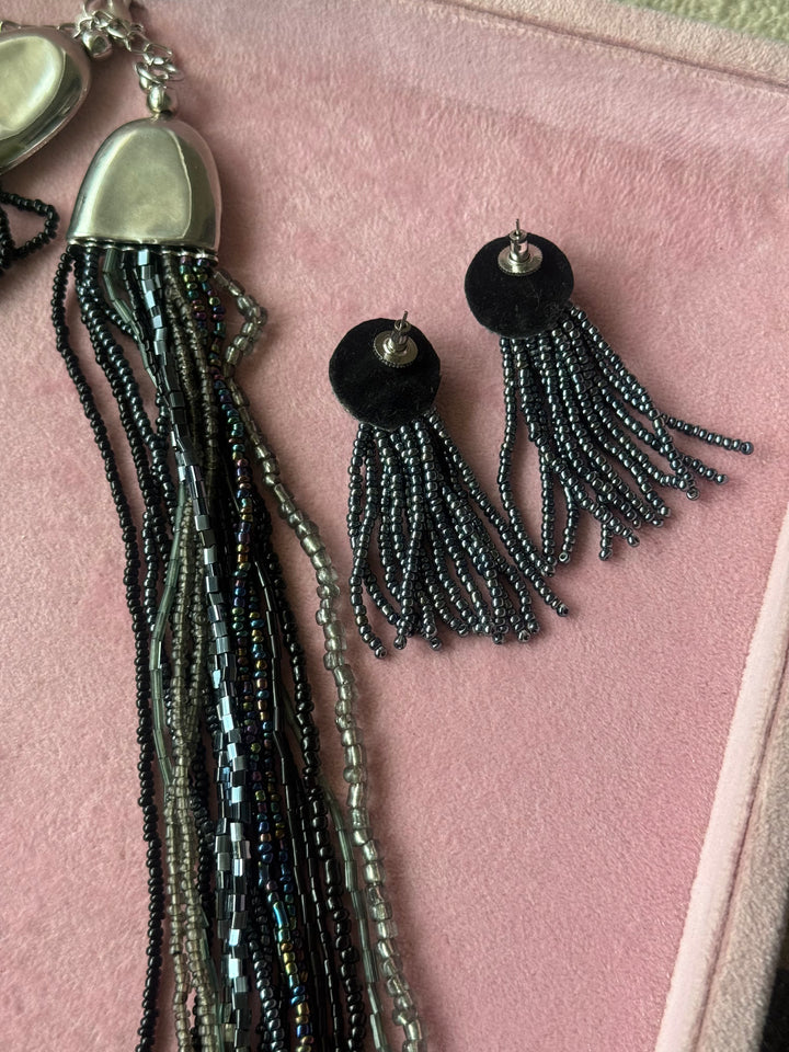 Starry Silver Blue Beaded Necklace and Tassel Earrings